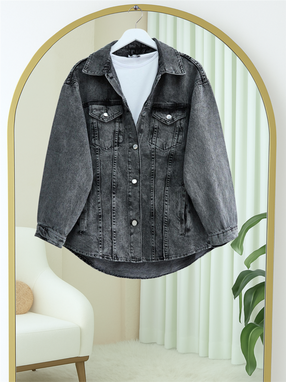 Boydan Düğmeli Cepli Kot Ceket -Füme-338-31519-R18