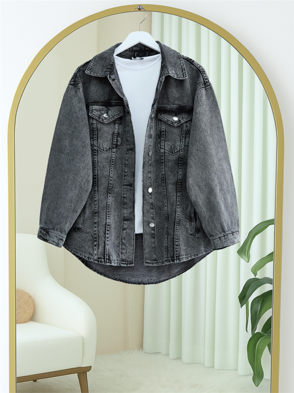 Boydan Düğmeli Cepli Kot Ceket -Füme-338-31519-R18