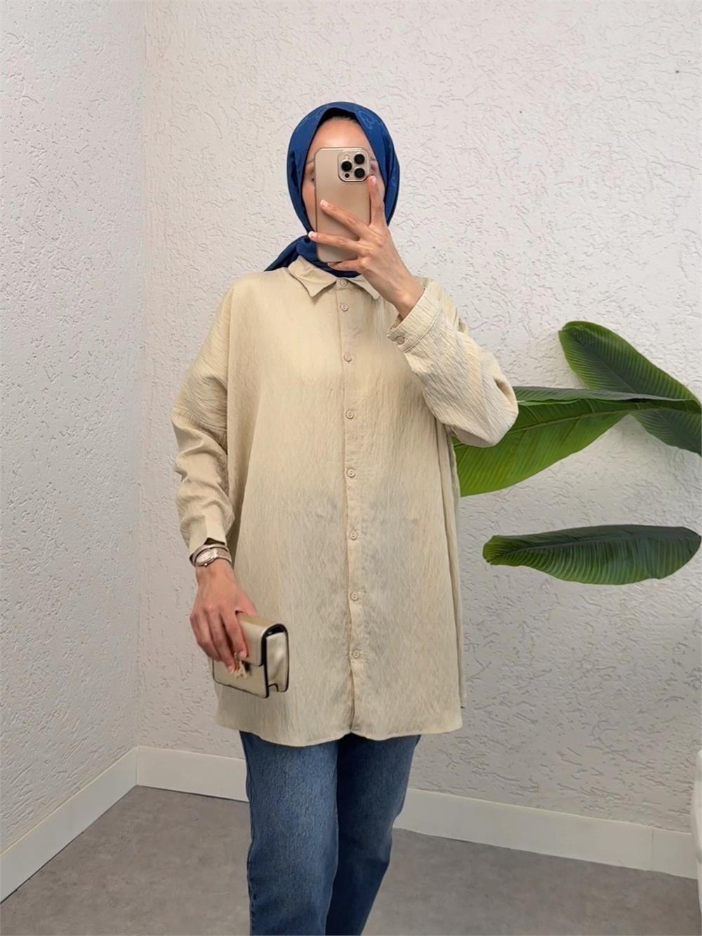 Buttoned Patterned Shirt -Beige-238-2490-R56