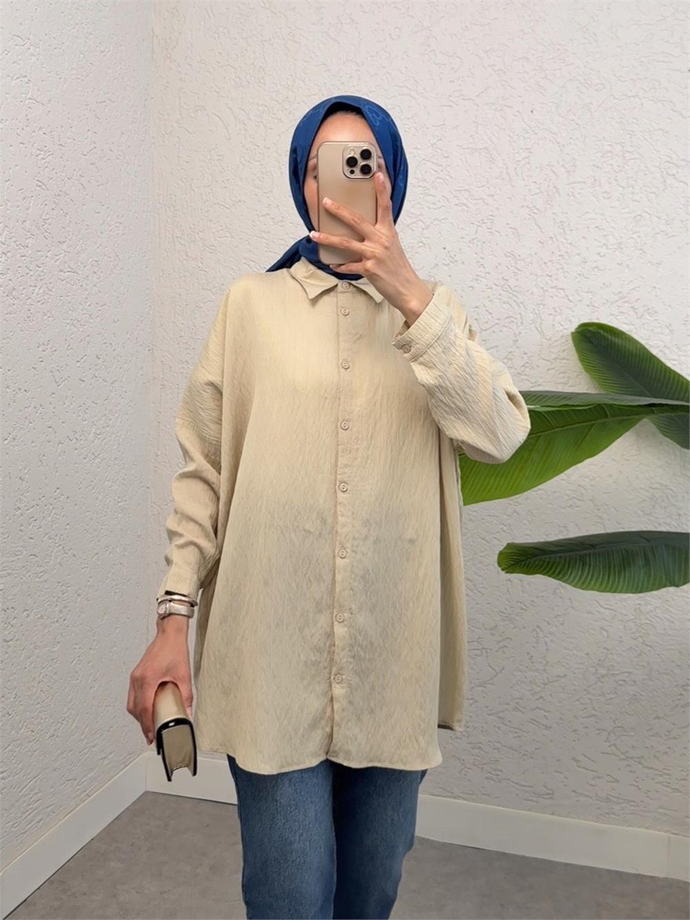Buttoned Patterned Shirt -Beige-238-2490-R56
