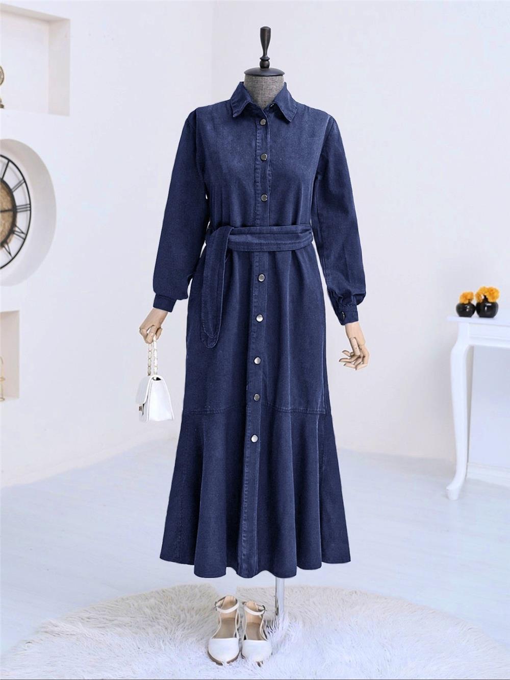 Boydan Düğmeli Eteği Fırfırlı Kot Elbise   -Laci-197-6807-R03