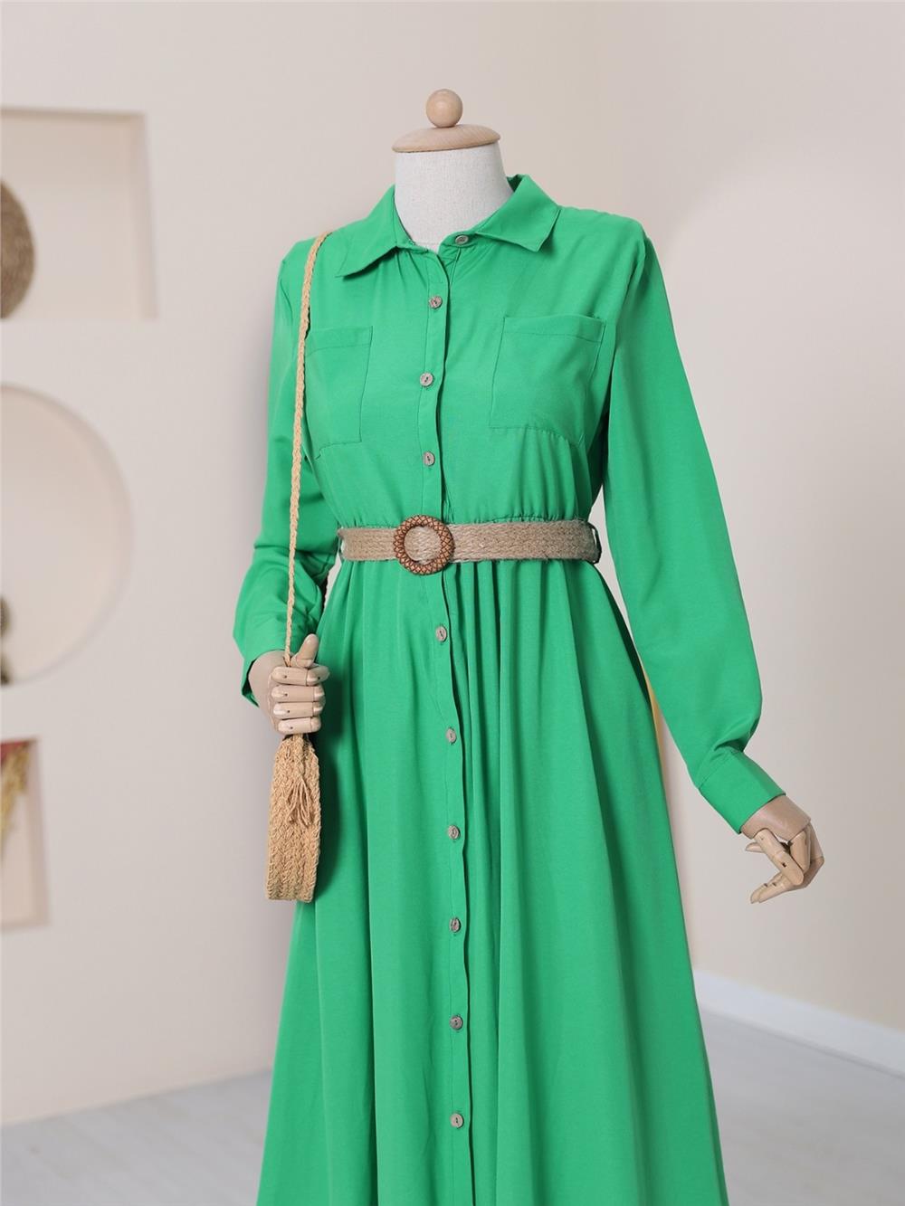 Buttoned Belted Shirt Dress -Green-120-1523-R35