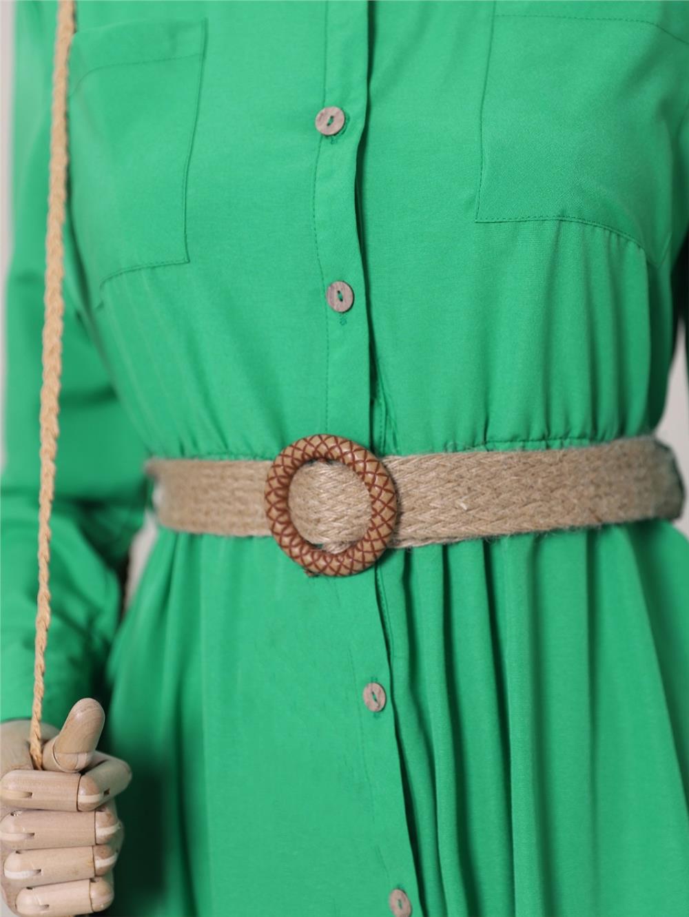 Buttoned Belted Shirt Dress -Green-120-1523-R35