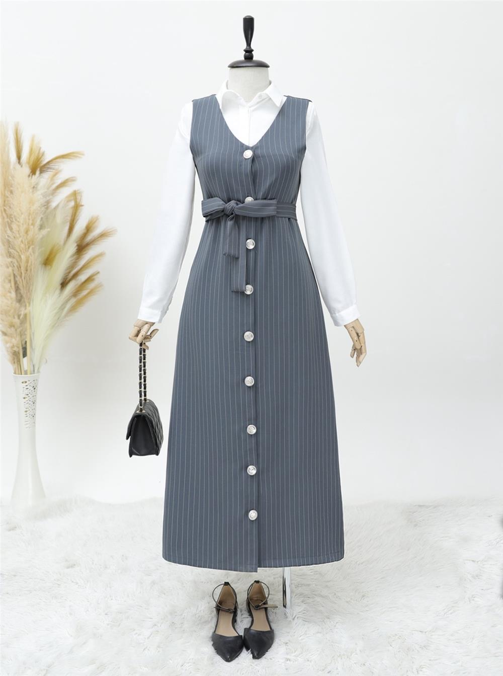 Buttoned Belted Striped Gilet - Gray-111-61094-R11