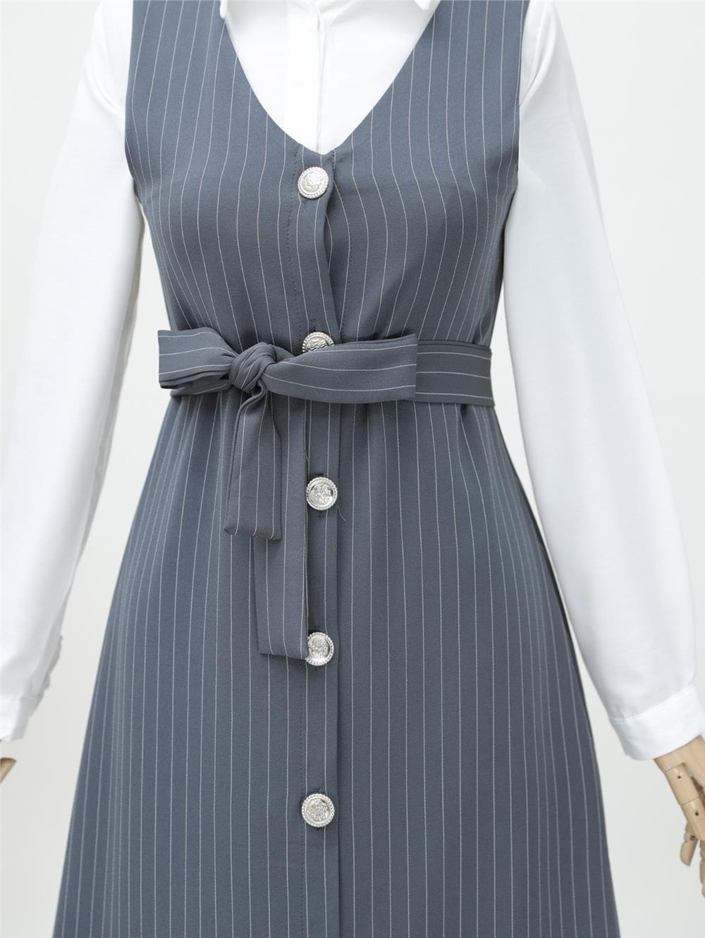 Buttoned Belted Striped Gilet - Gray-111-61094-R11