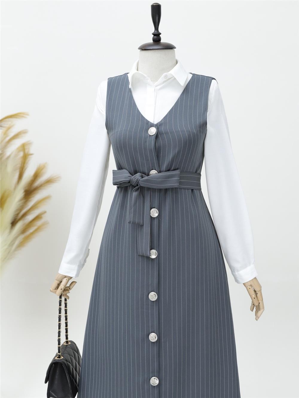 Buttoned Belted Striped Gilet - Gray-111-61094-R11