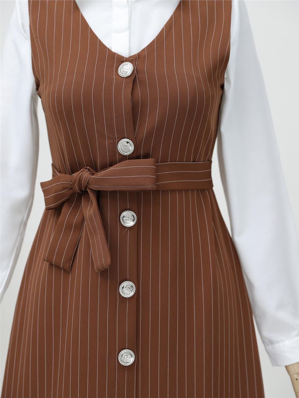 Buttoned Belted Striped Gilet - Brown-111-61094-R15