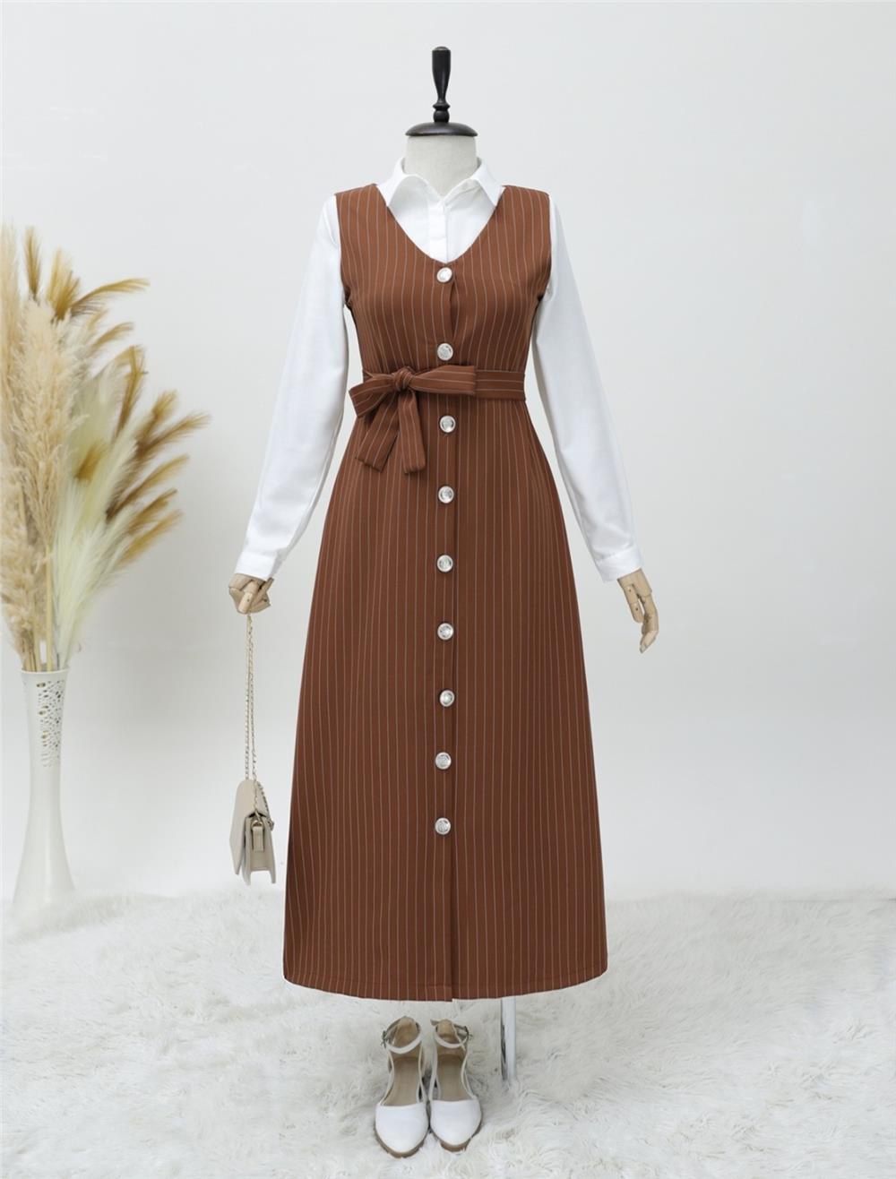 Buttoned Belted Striped Gilet - Brown-111-61094-R15