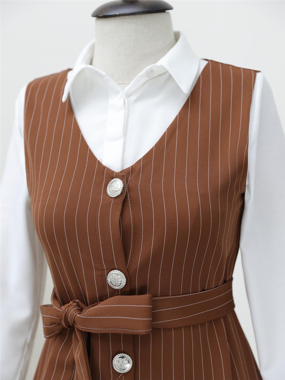 Buttoned Belted Striped Gilet - Brown-111-61094-R15