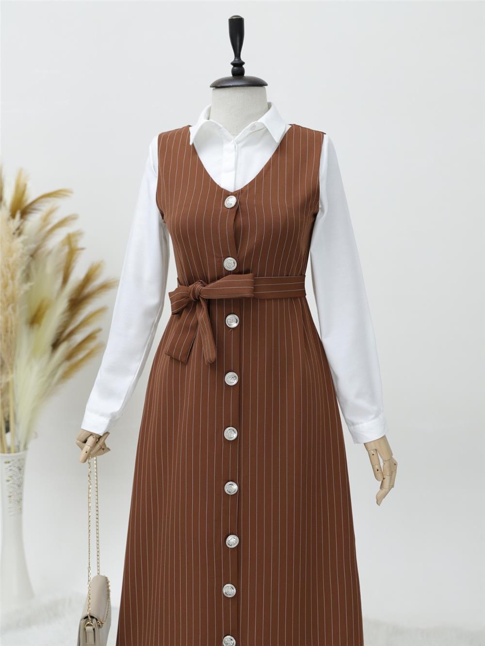Buttoned Belted Striped Gilet - Brown-111-61094-R15