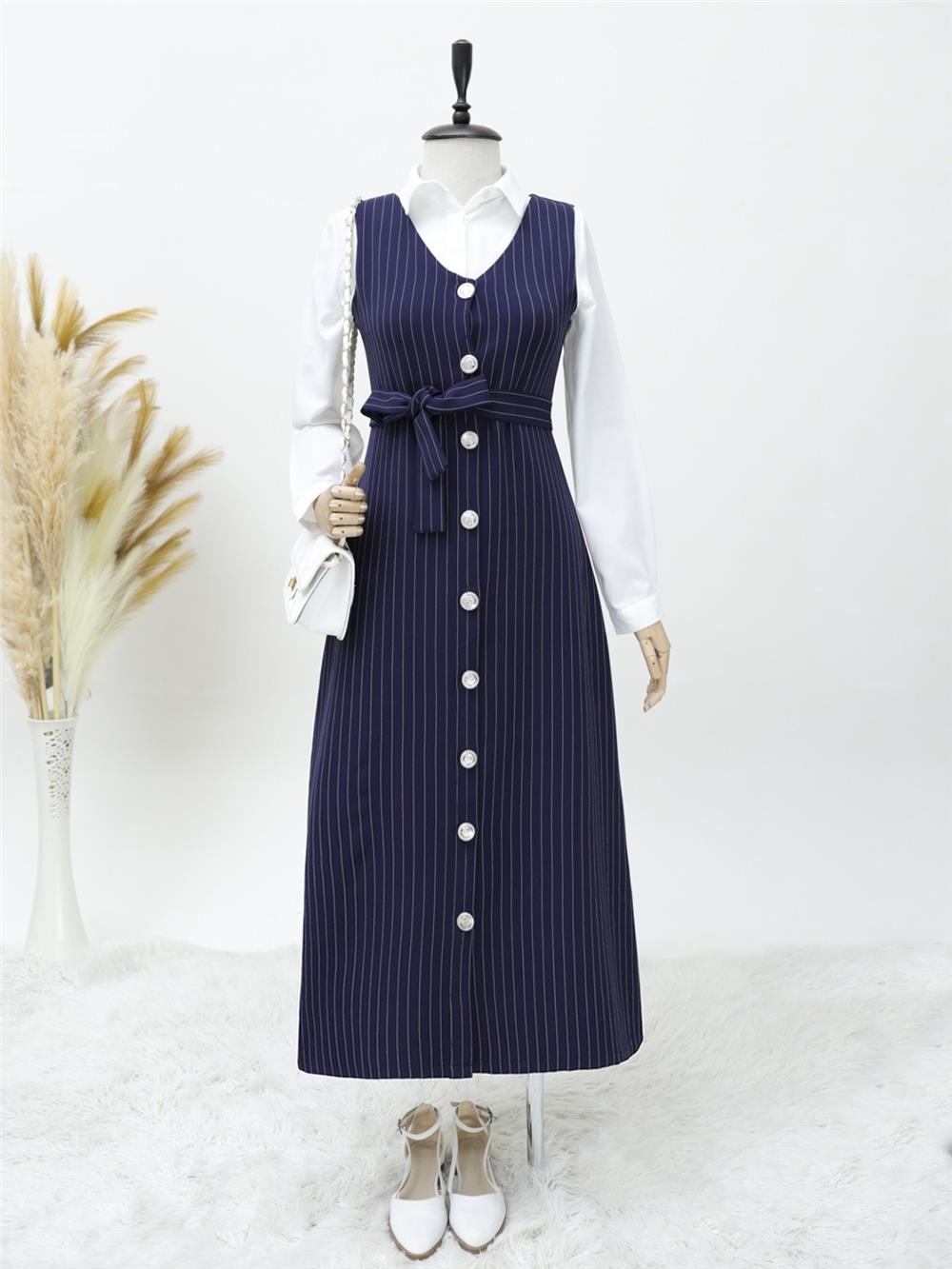 Buttoned Belted Striped Gilet - Navy Blue-111-61094-R03