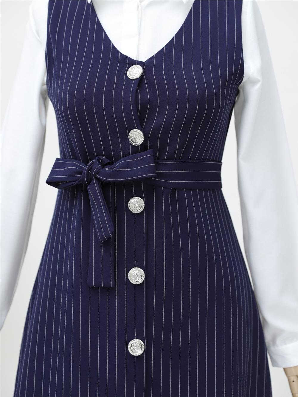 Buttoned Belted Striped Gilet - Navy Blue-111-61094-R03
