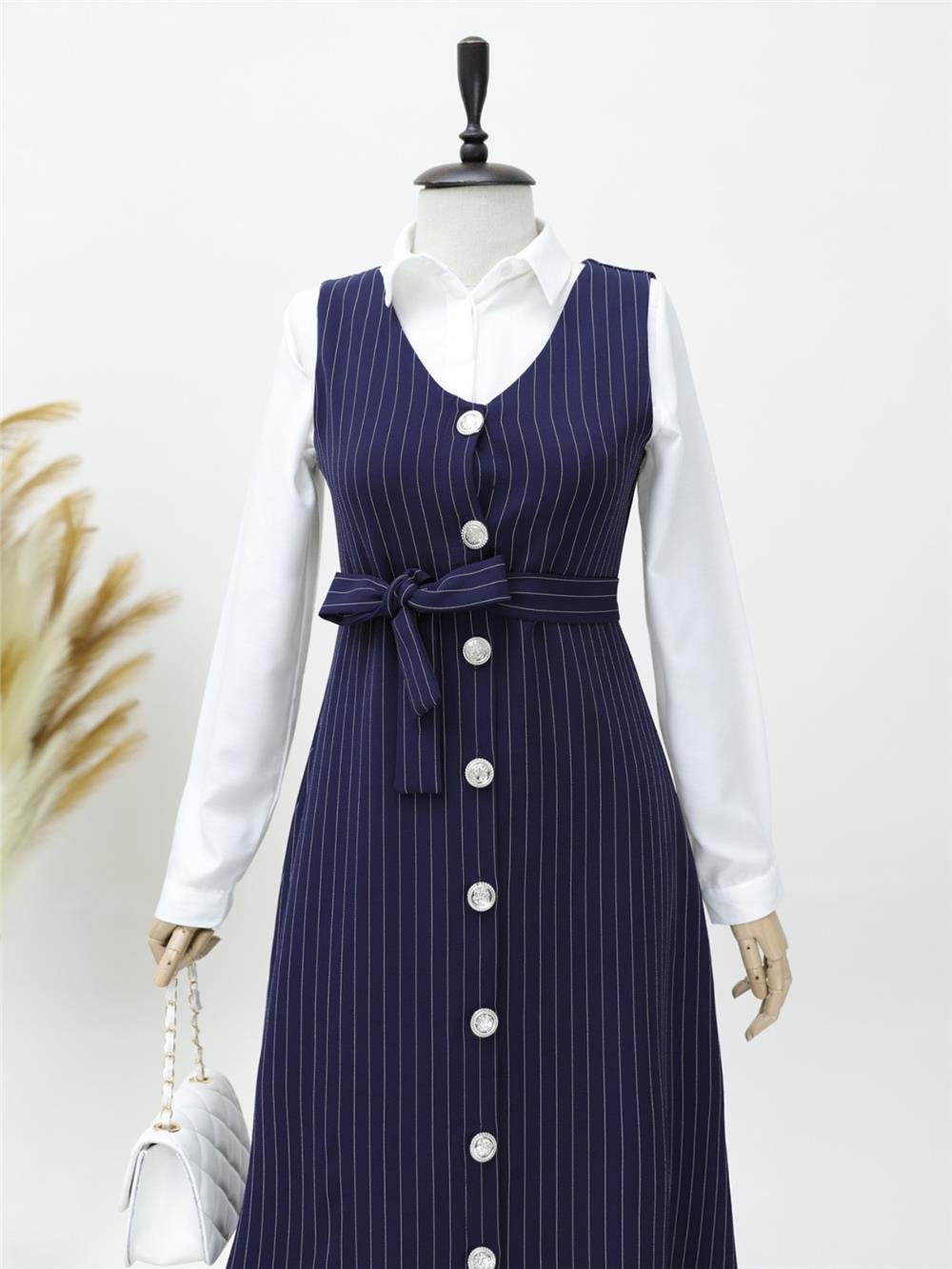 Buttoned Belted Striped Gilet - Navy Blue-111-61094-R03