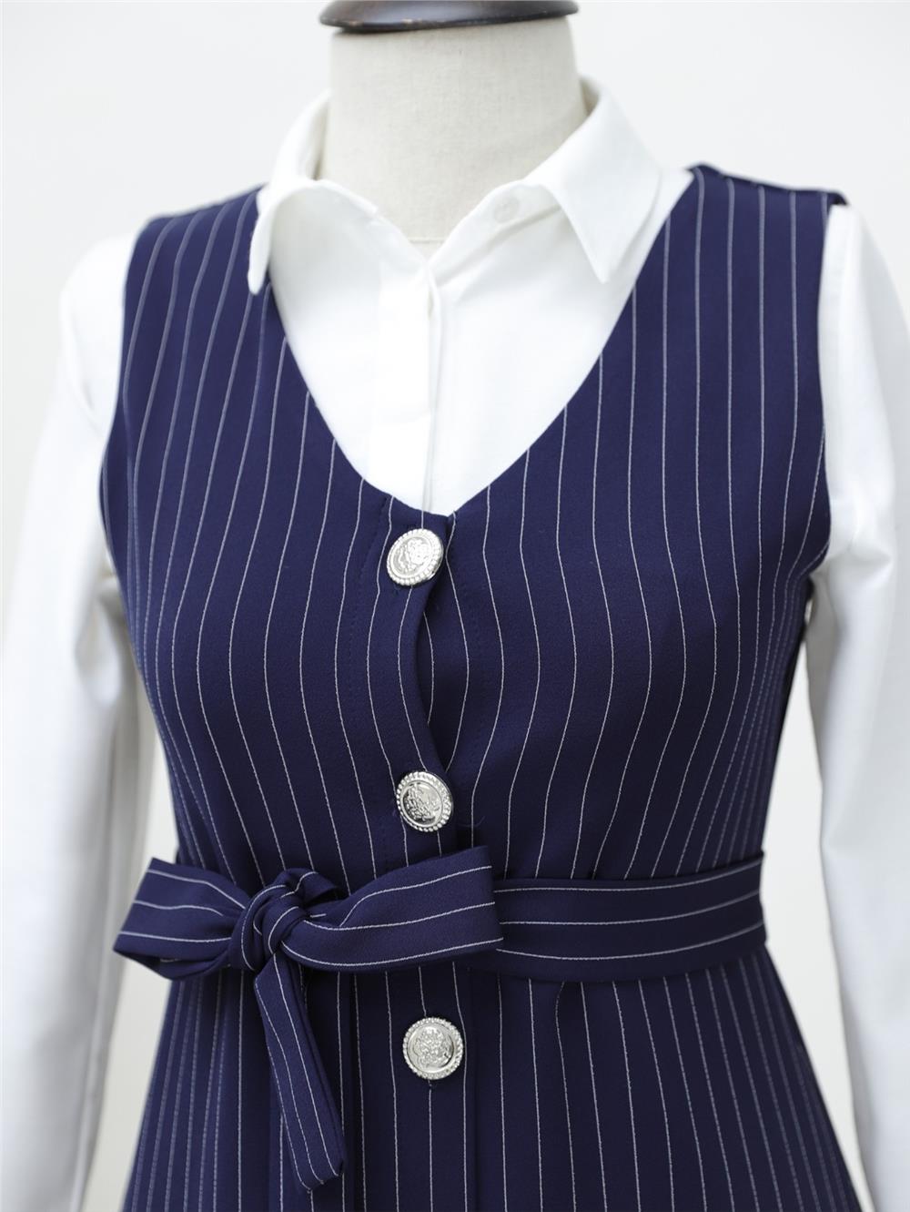 Buttoned Belted Striped Gilet - Navy Blue-111-61094-R03