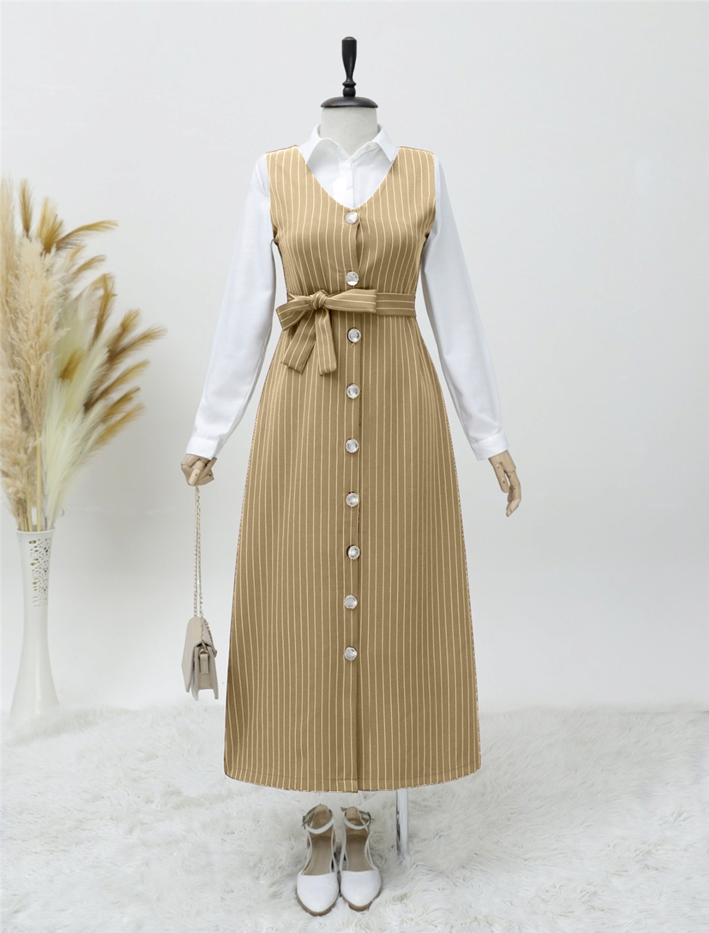 Buttoned Belted Striped Gilet -Mink-111-61094-R23