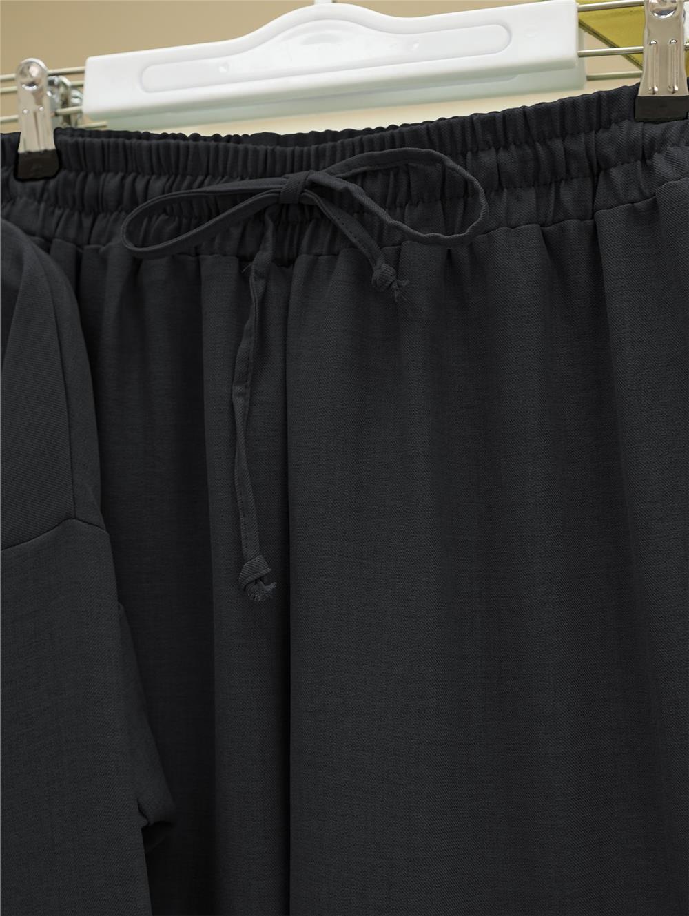 Boydan Düğmeli Pantolon Gömlek Keten Takım -Siyah-138-6622-R01