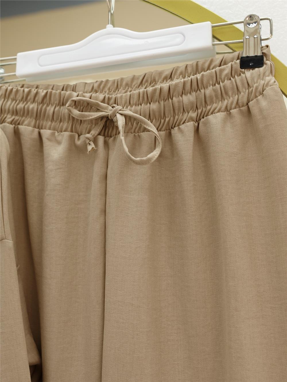 Boydan Düğmeli Pantolon Gömlek Keten Takım -Vizon-138-6622-R23