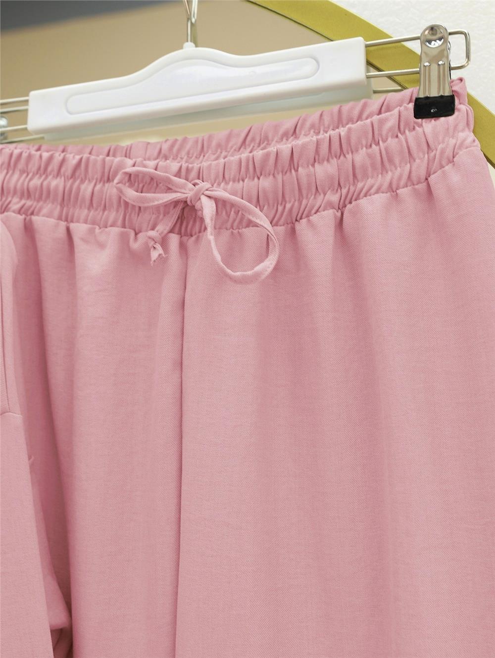 Boydan Düğmeli Pantolon Gömlek Keten Takım -Pudra-138-6622-R06