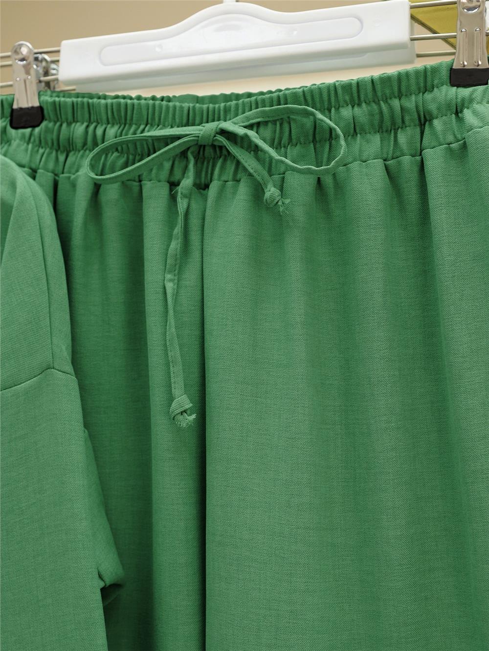 Boydan Düğmeli Pantolon Gömlek Keten Takım -Yeşil-138-6622-R35