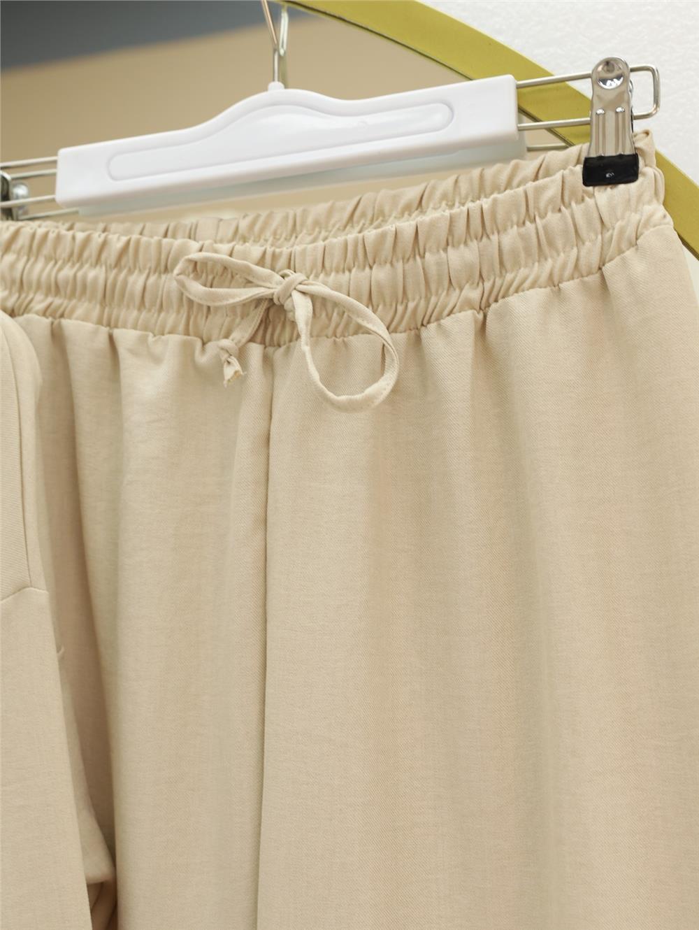 Boydan Düğmeli Pantolon Gömlek Keten Takım -Bej-138-6622-R56