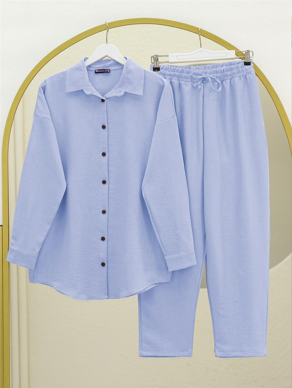 Boydan Düğmeli Pantolon Gömlek Keten Takım -Bebe Mavi-138-6622-R32