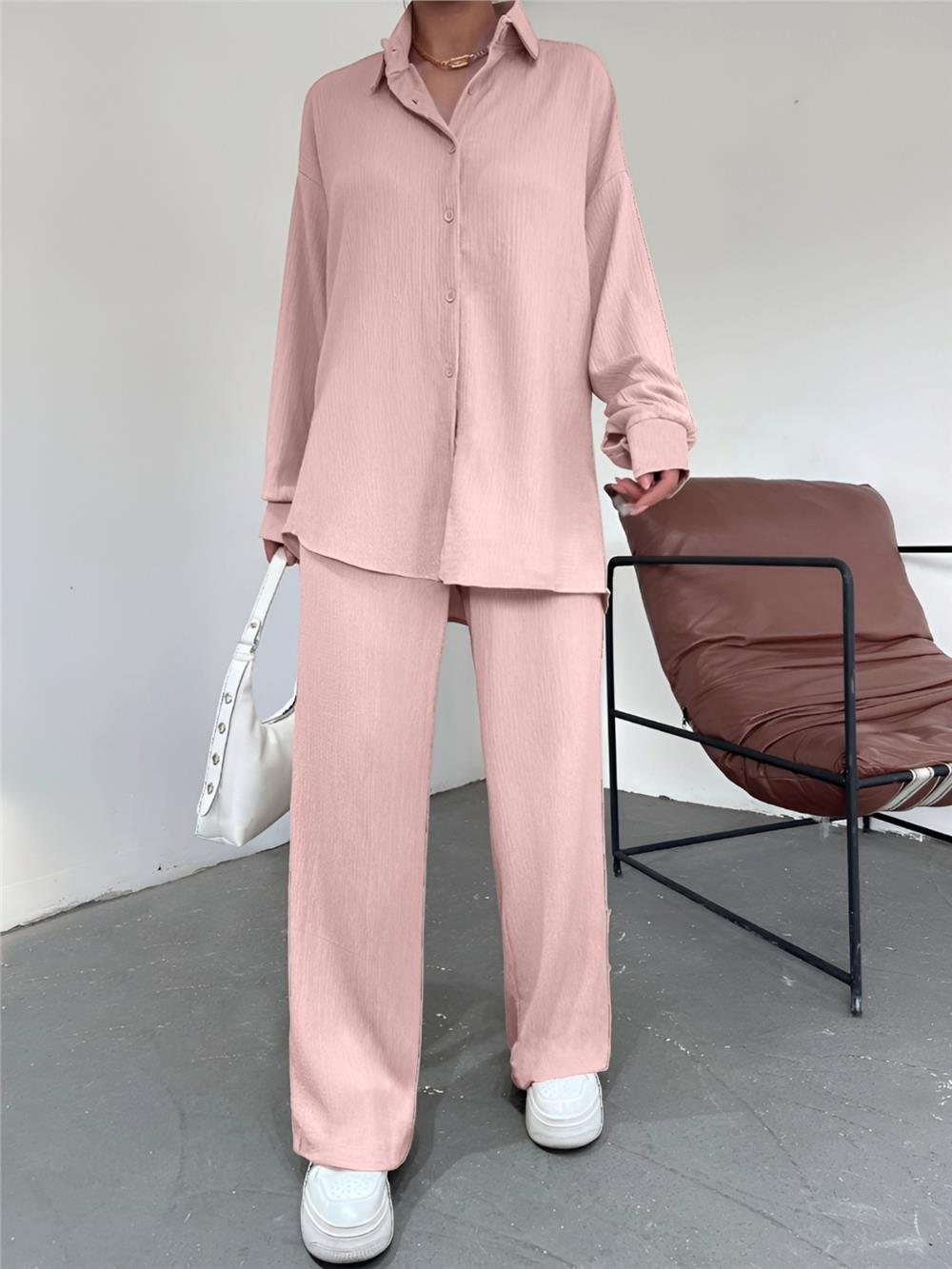 Loose Buttoned Crinkle Double Suit - Powder-138-5858-R06