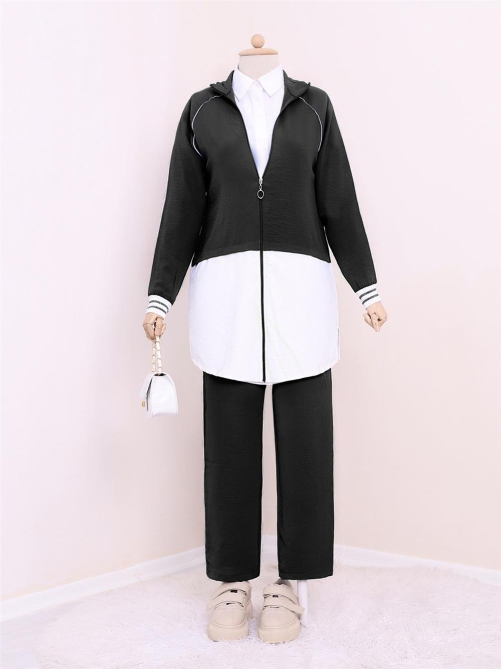 Zippered High Collar Garnish Suit -Black-238-1991-R01