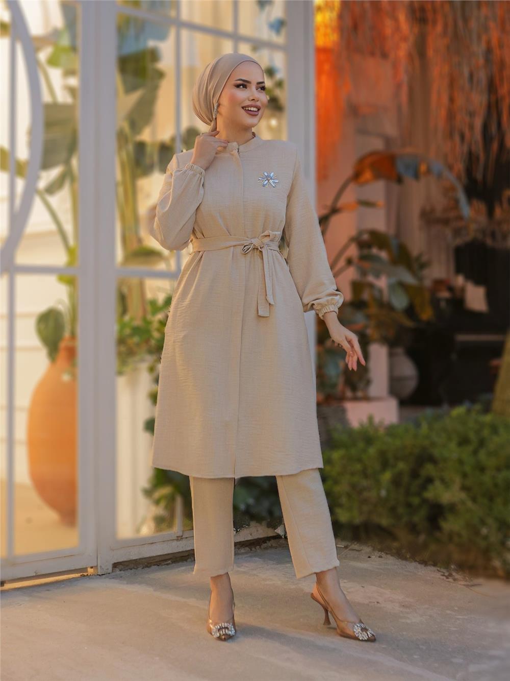 Brooched Linen Tunic -Beige-186-646-R56