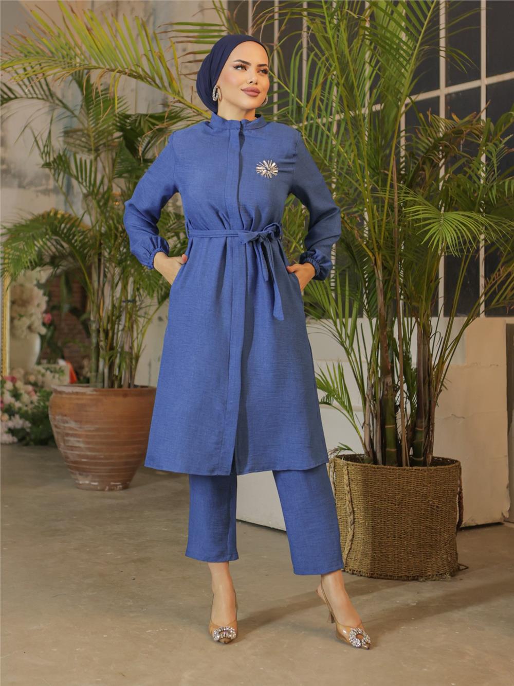 Brooched Linen Tunic -Indigo-186-646-R21