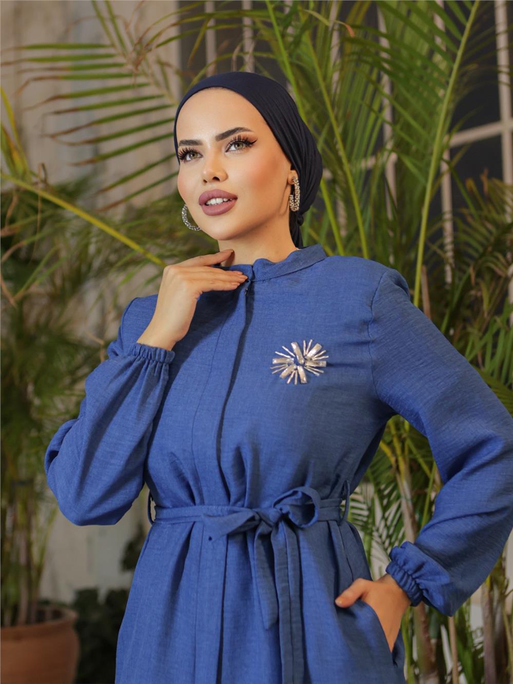 Brooched Linen Tunic -Indigo-186-646-R21