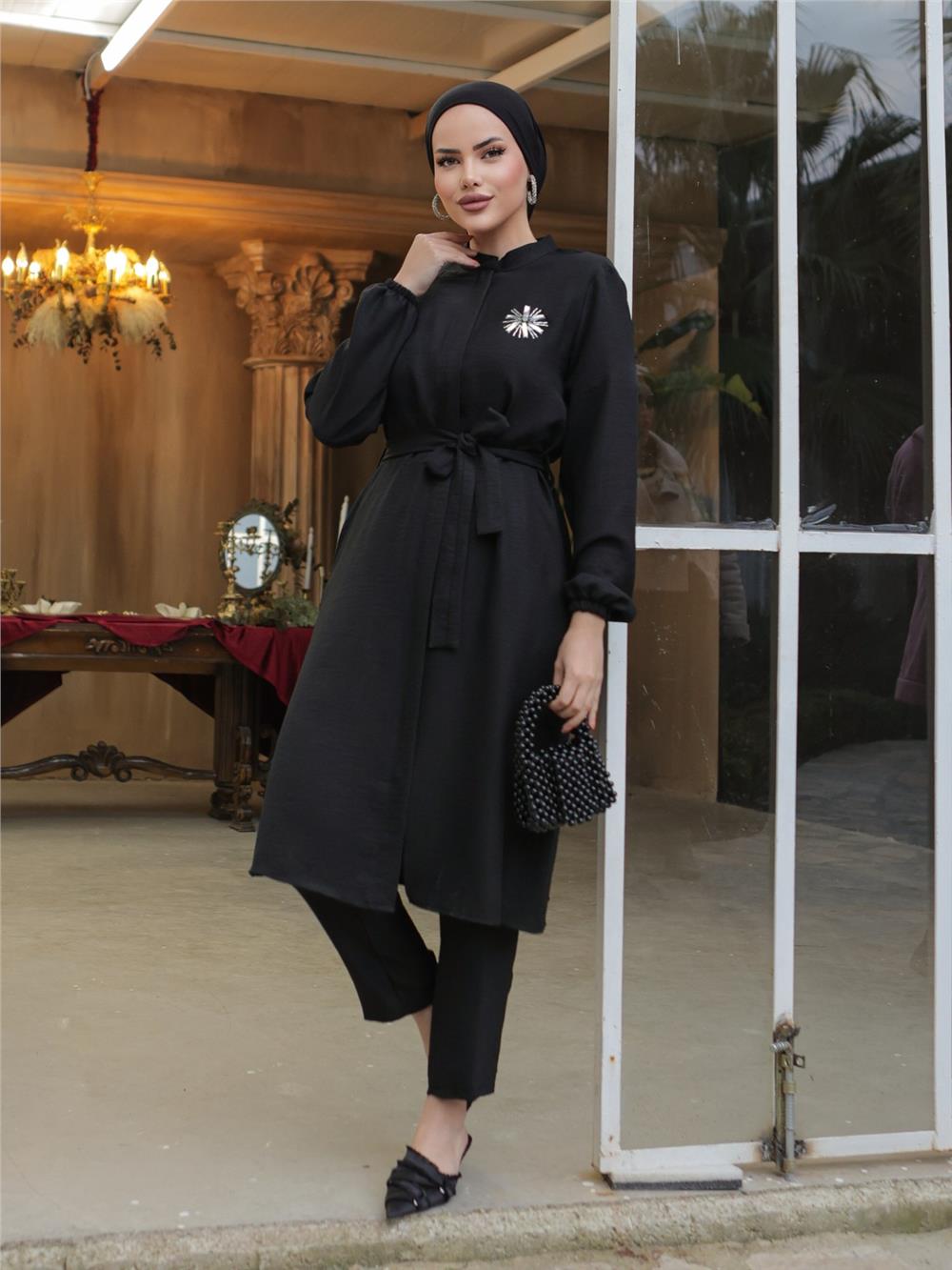 Brooched Linen Tunic -Black-186-646-R01