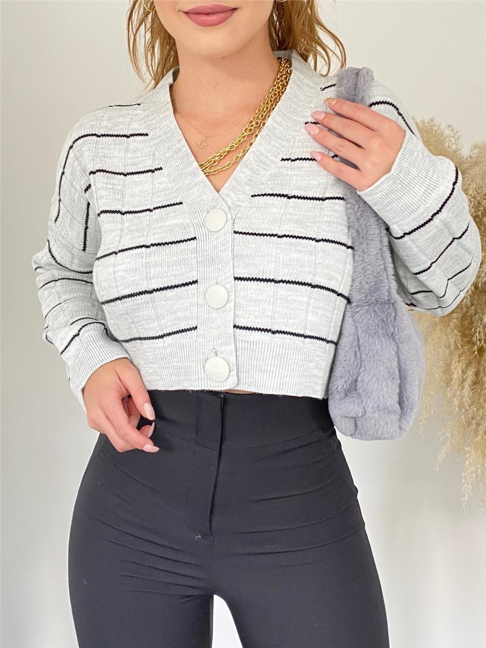 Big Button Knitwear Cardigan -Light Gray-357-6144-R41