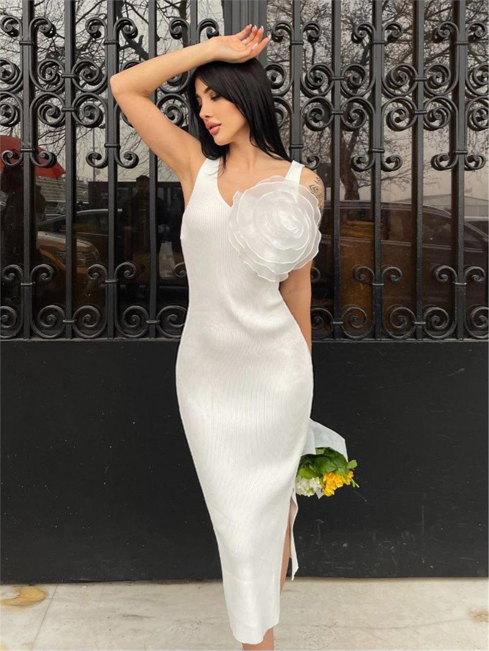 Big Rose Knitwear Dress -White-385-3109-R02