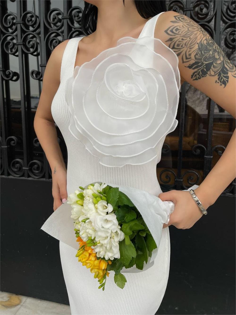 Big Rose Knitwear Dress -White-385-3109-R02