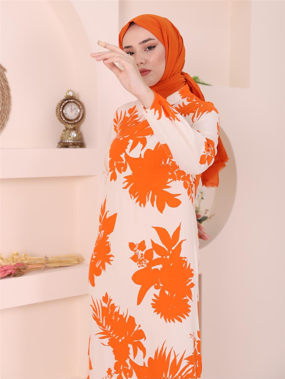 Large Leaf Pattern Judge Collar Skirt Frilly Dress -Orange-199-6010-R16