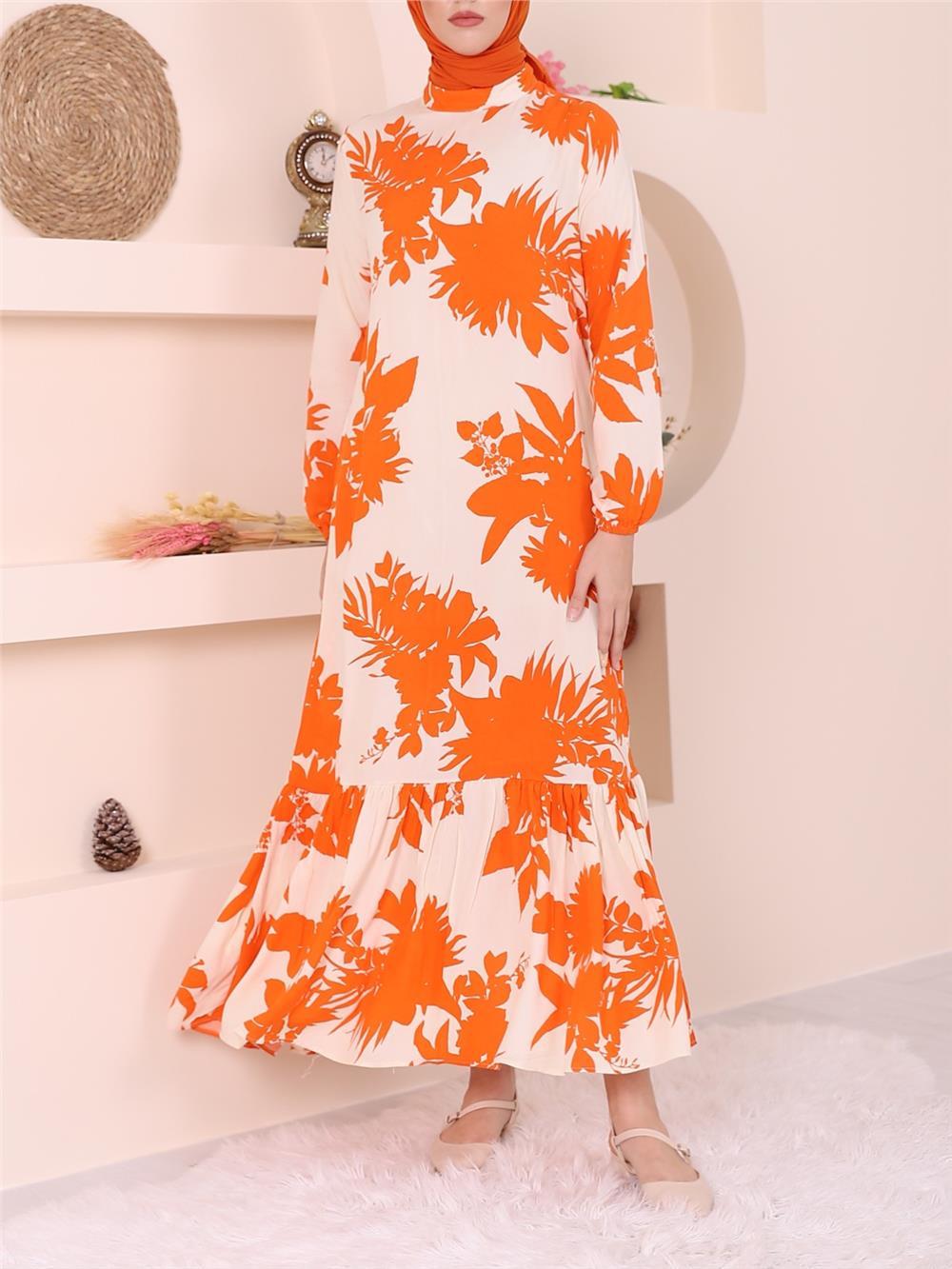 Large Leaf Pattern Judge Collar Skirt Frilly Dress -Orange-199-6010-R16