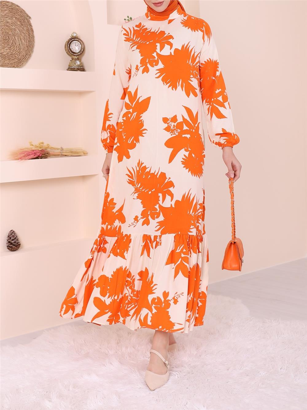 Large Leaf Pattern Judge Collar Skirt Frilly Dress -Orange-199-6010-R16