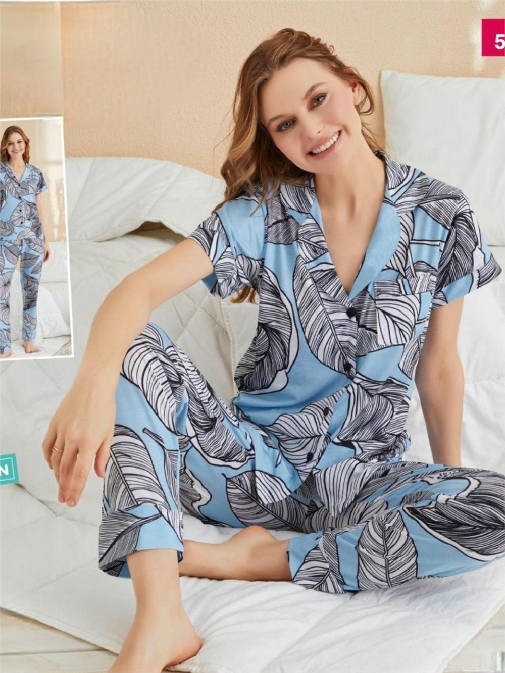 Büyük Yaprak Desenli Düğmeli Viskon Pijama Takımı -Bebe Mavi-416-55046-R32