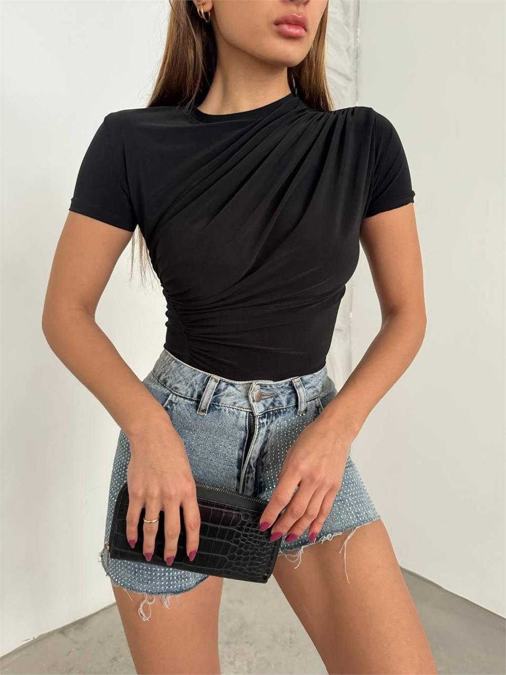 Cross Gathered Short Sleeve Sandy Blouse -Black-358-12244-R01