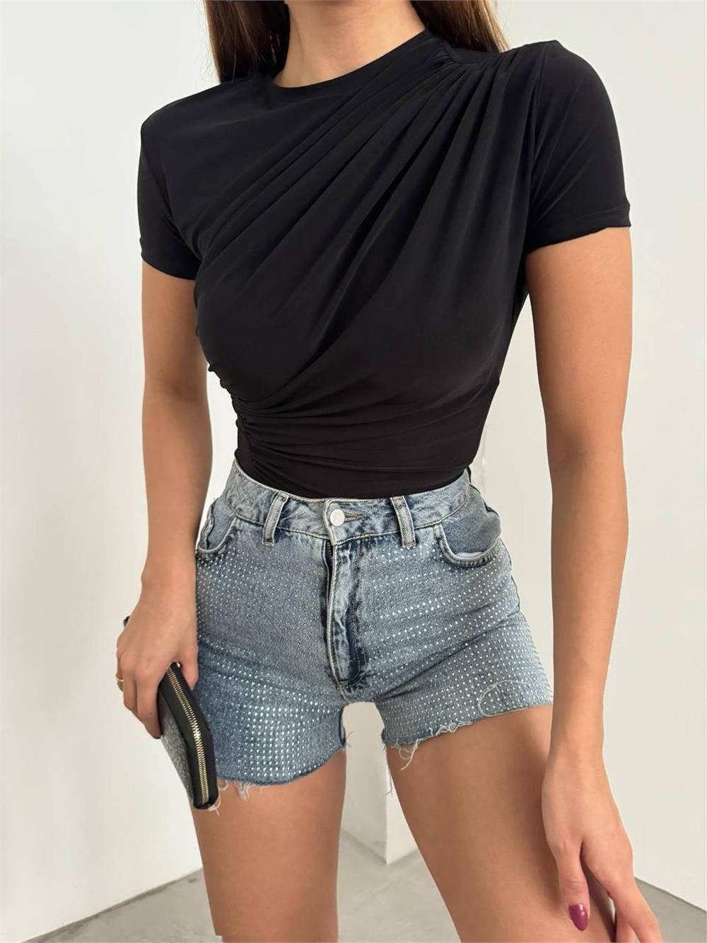 Cross Gathered Short Sleeve Sandy Blouse -Black-358-12244-R01
