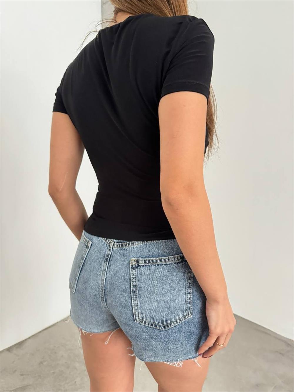 Cross Gathered Short Sleeve Sandy Blouse -Black-358-12244-R01
