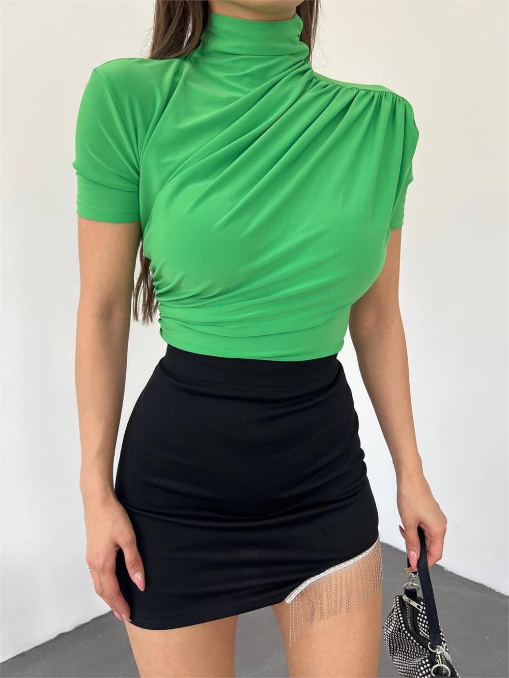 Cross Pleated Half-Cut Sandy Blouse -Green-358-10467-R35