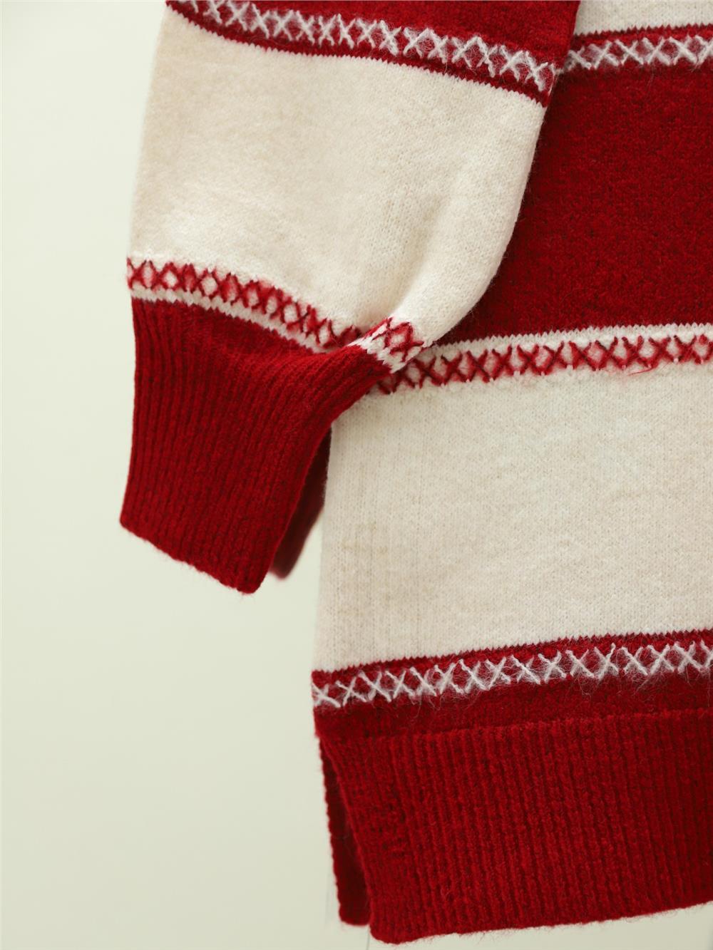 Çapraz Çizgi Desenli Triko Tunik -Kırmızı-295-23-R33