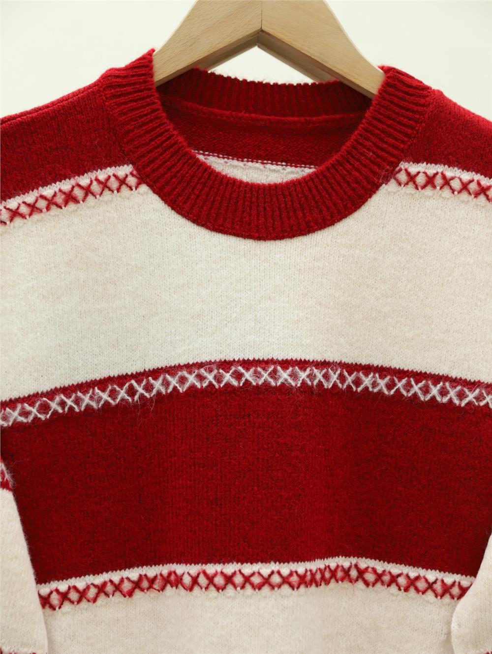 Çapraz Çizgi Desenli Triko Tunik -Kırmızı-295-23-R33