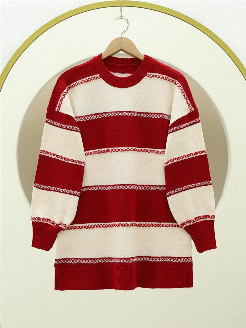 Çapraz Çizgi Desenli Triko Tunik -Kırmızı-295-23-R33