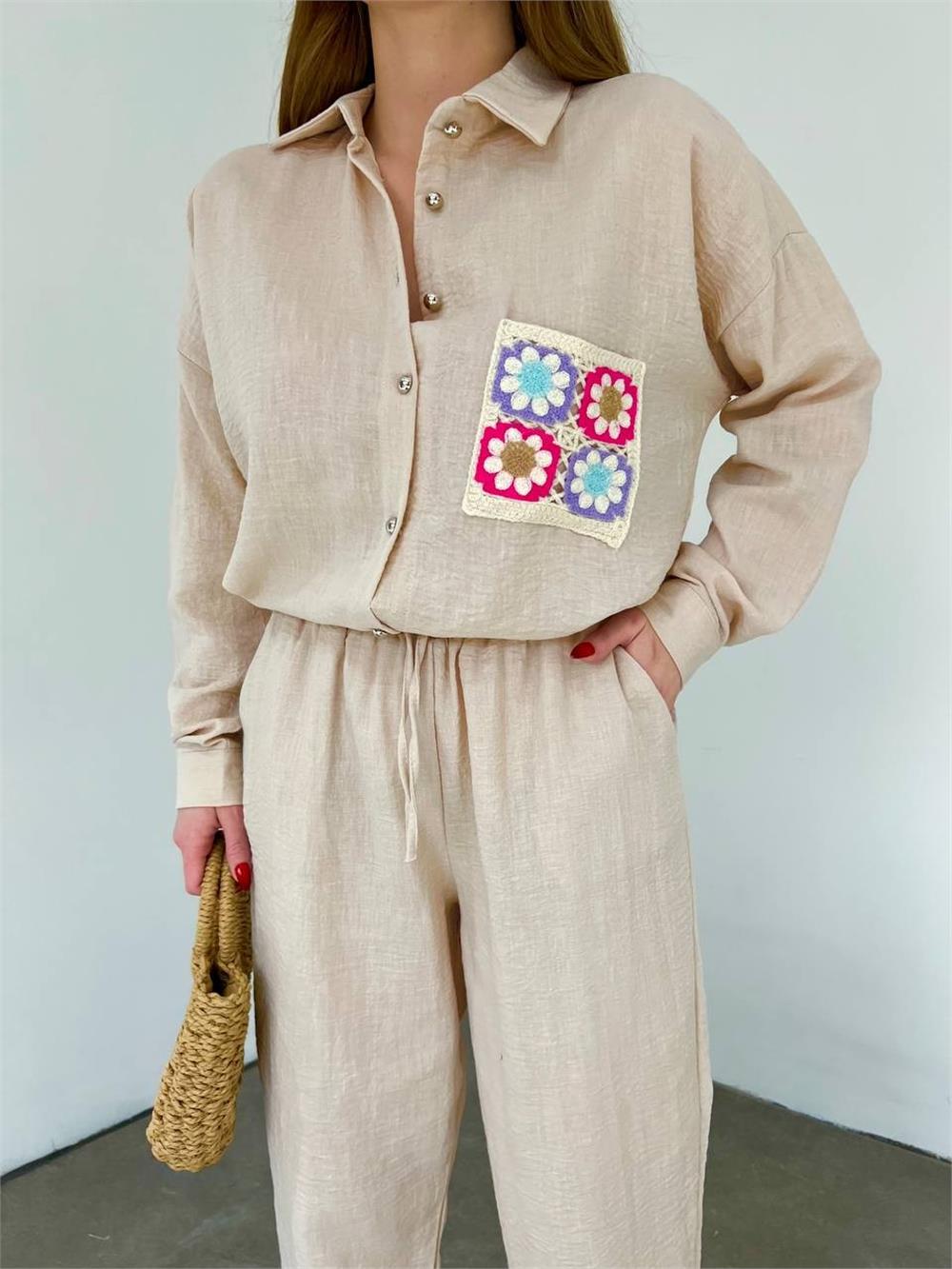 Double Linen Set with Colorful Lace Pockets -Beige-358-10452-R56