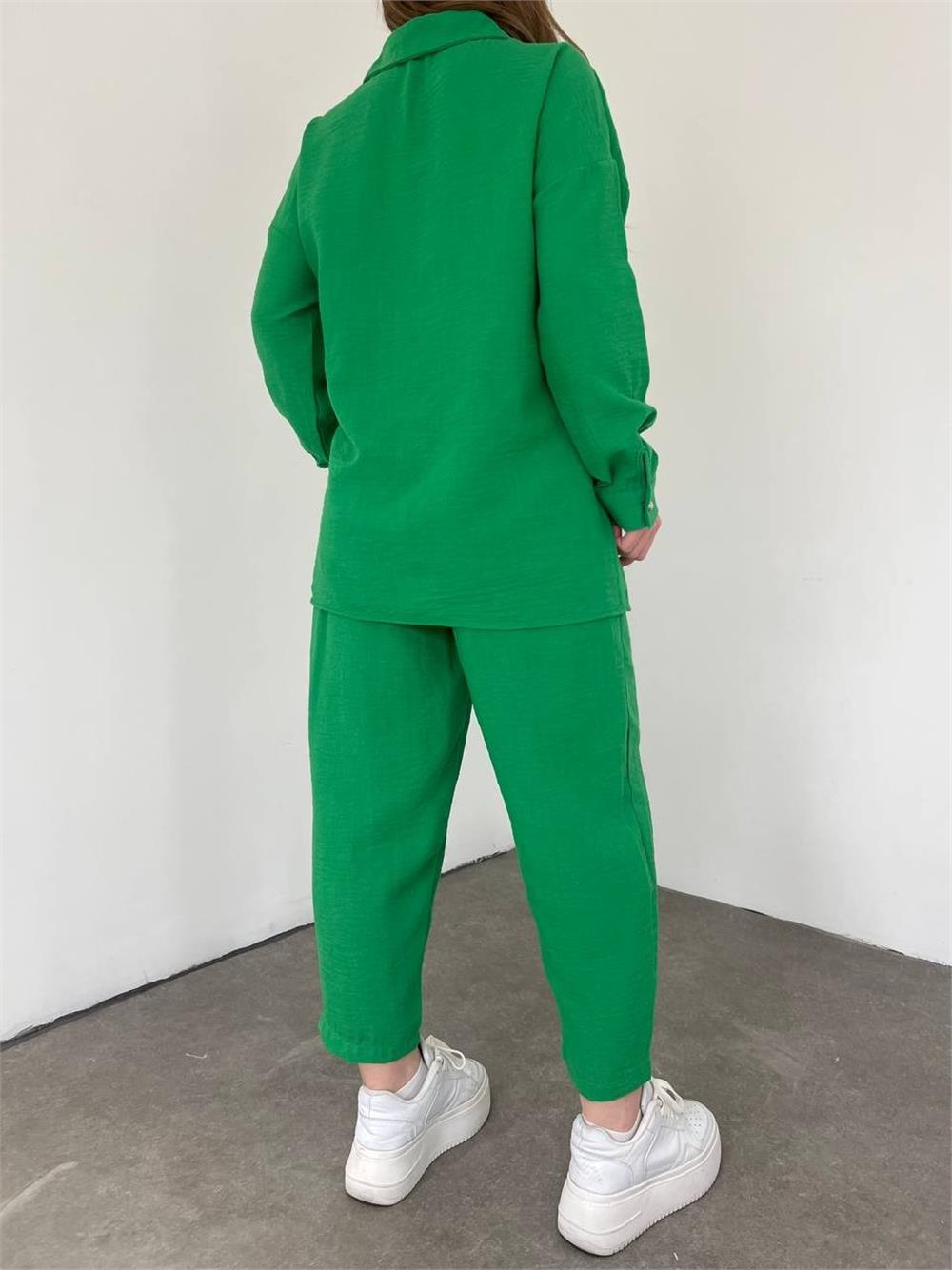 Double Linen Set with Colorful Lace Pockets -Green-358-10452-R35
