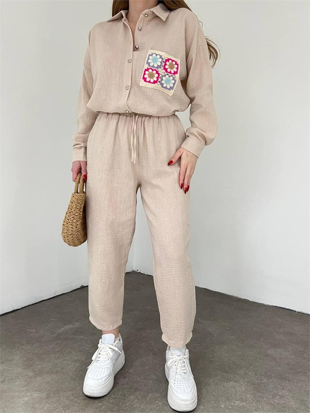 Double Linen Set with Colorful Lace Pockets -Beige-358-10452-R56
