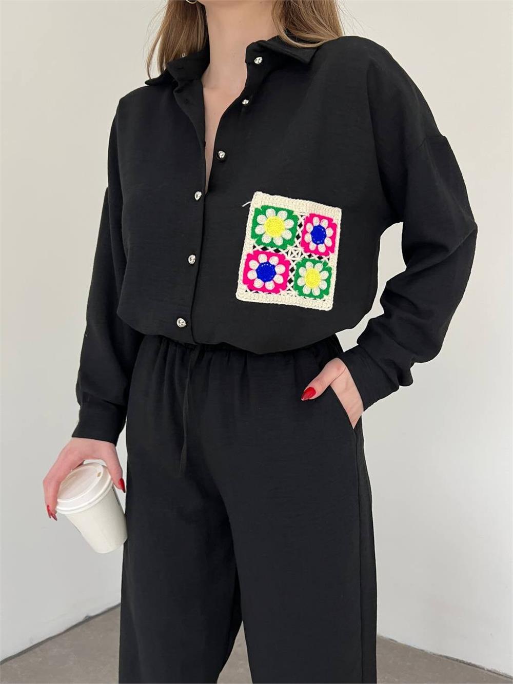 Double Linen Suit with Colorful Lace Pockets - Black-358-10452-R01