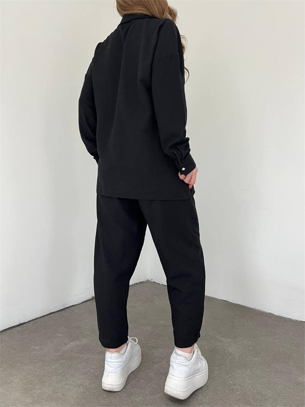 Double Linen Suit with Colorful Lace Pockets - Black-358-10452-R01